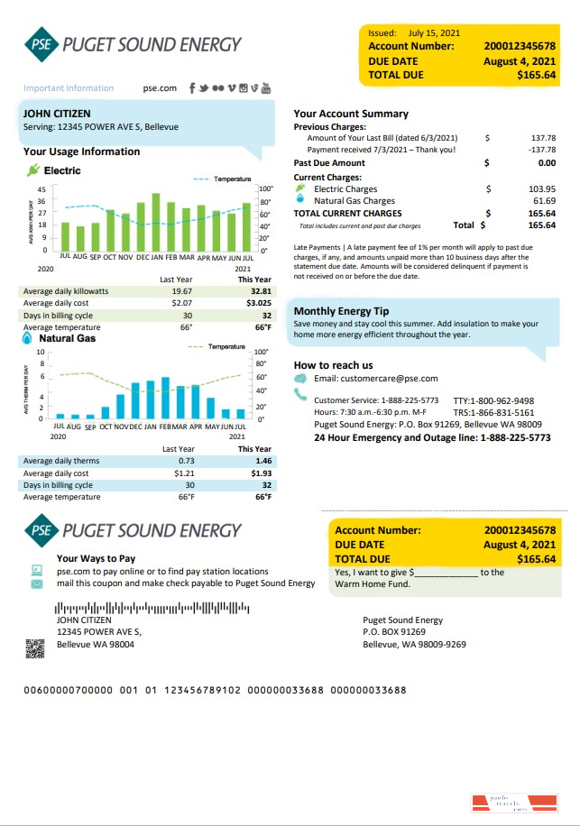 USA Washington Puget Sound Energy utility bill template in Word and PDF format